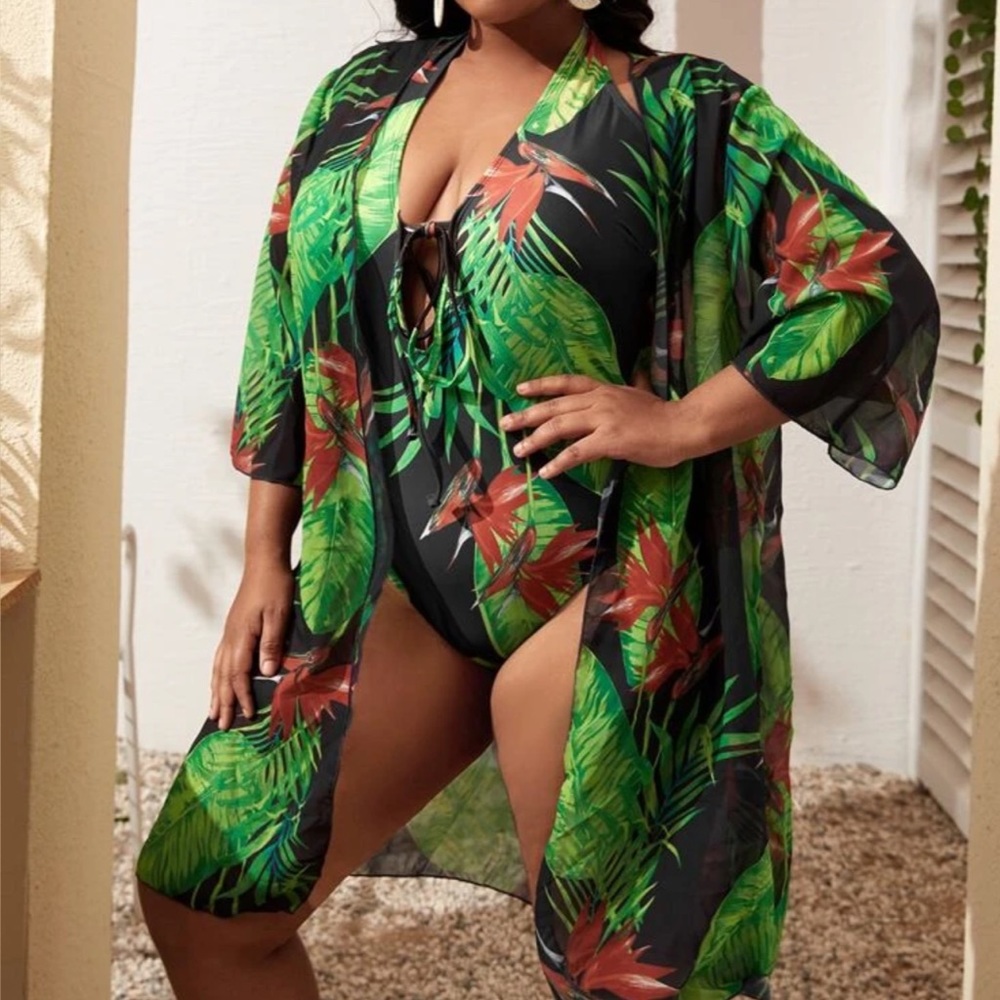 Plus Green Tropical Print One Piece Swimsuit with Kimono (2XL)